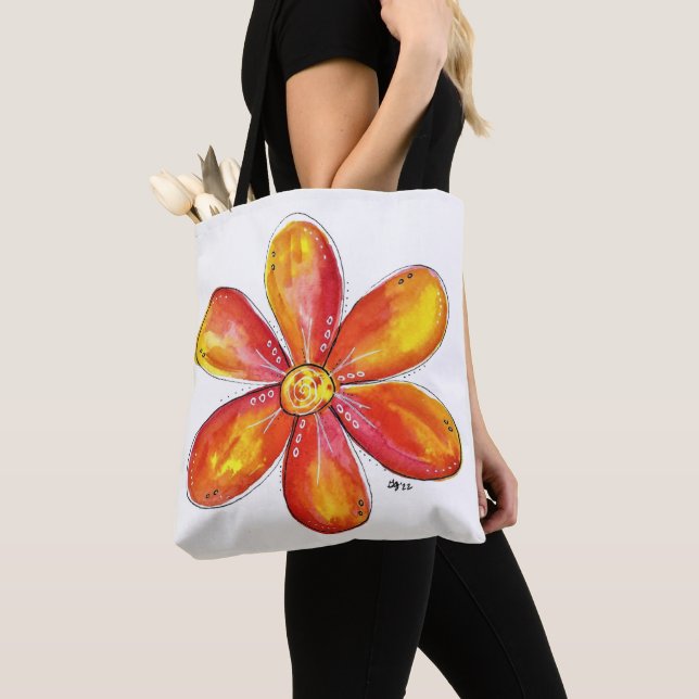 Colourful Whimsical Orange and Yellow Flower Tote Bag (Close Up)