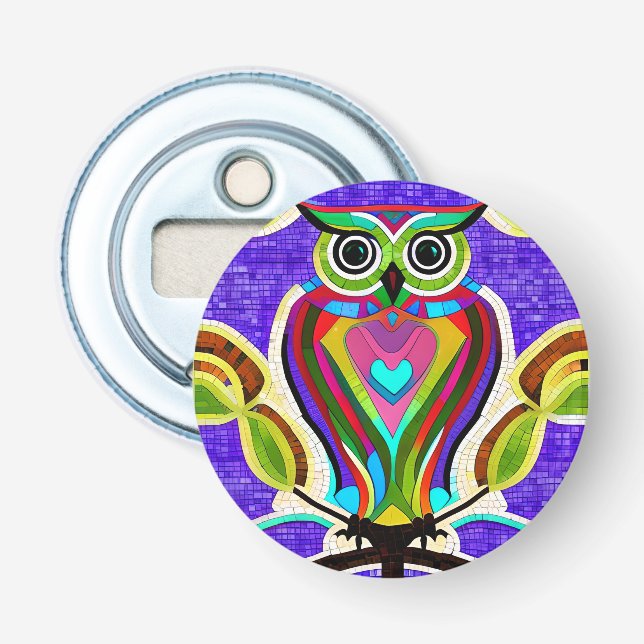 Colourful Whimsical  Owl with Heart Bottle Opener (Front)