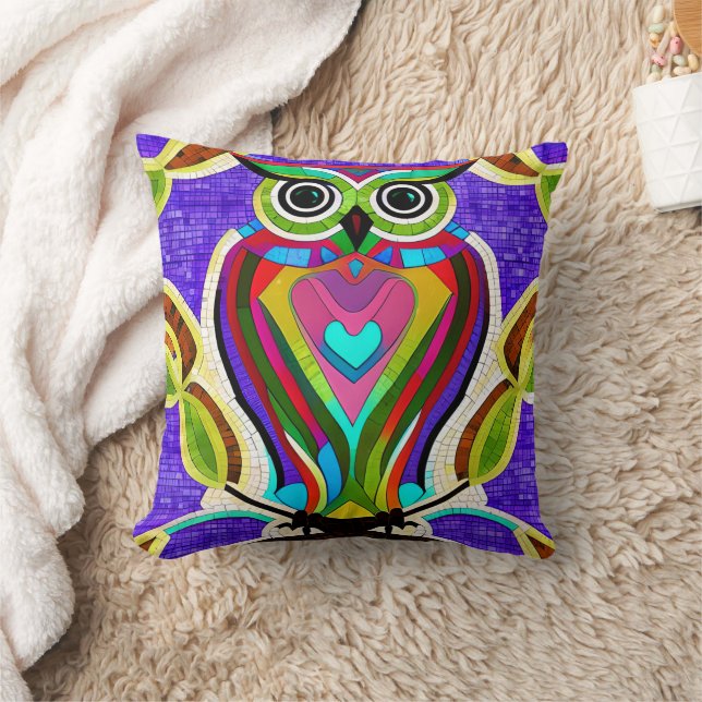 Colourful Whimsical  Owl with Heart Throw Pillow (Blanket)