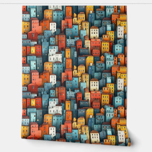 Colourful Whimsical Playful Cubistic Town Wallpaper
