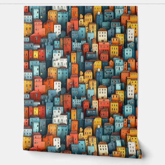 Colourful Whimsical Playful Cubistic Town Wallpaper