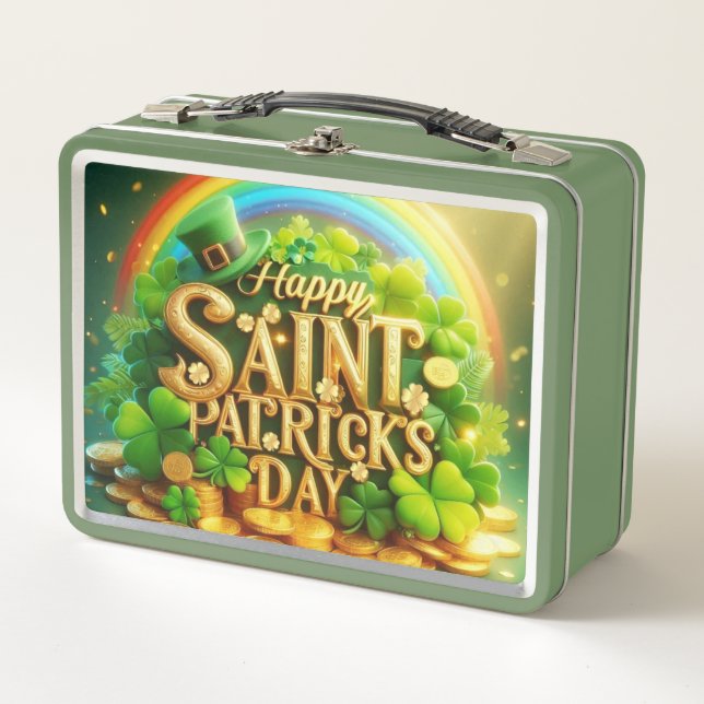 Colourful, whimsical Rainbow Saint Patrick's Day Metal Lunch Box (Front)