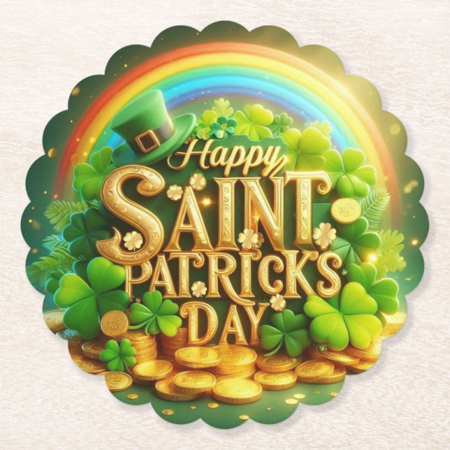 Colourful, whimsical Rainbow Saint Patrick's Day Paper Coaster (Front)