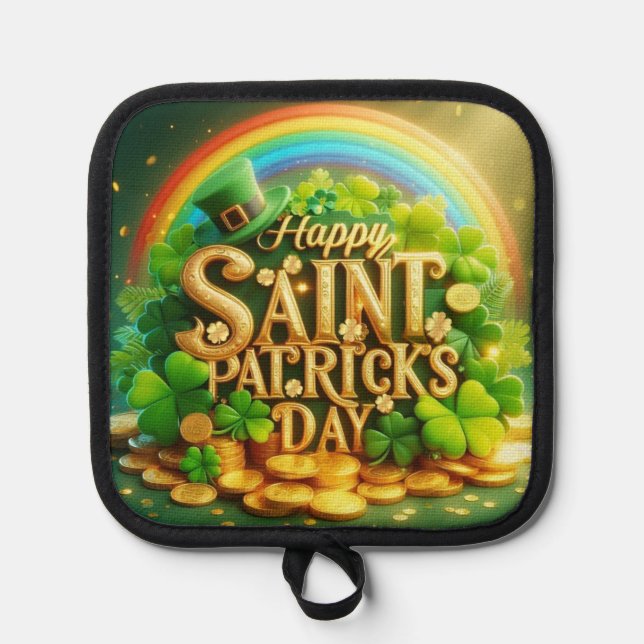 Colourful, whimsical Rainbow Saint Patrick's Day Pot Holder (Front)