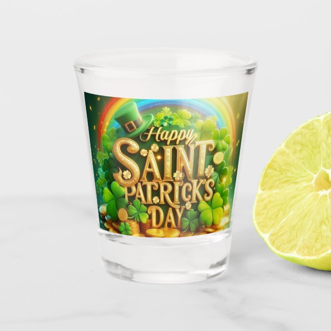 Colourful, whimsical Rainbow Saint Patrick's Day Shot Glass (Front)