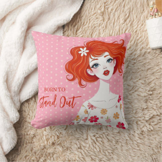 Colourful Whimsical Redhead Girl Fashion TMF26 Throw Pillow