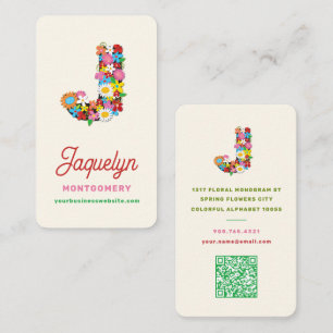 Colourful Whimsical Spring Flowers J Monogram Name Business Card