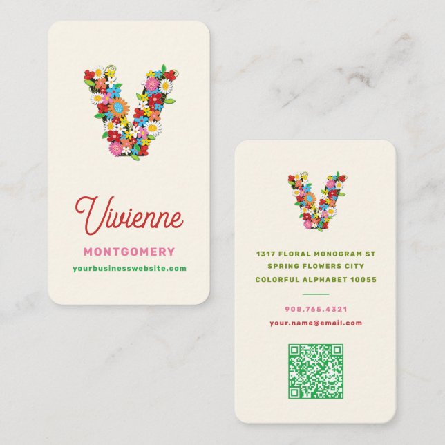 Colourful Whimsical Spring Flowers V Monogram Name Business Card (Front/Back)