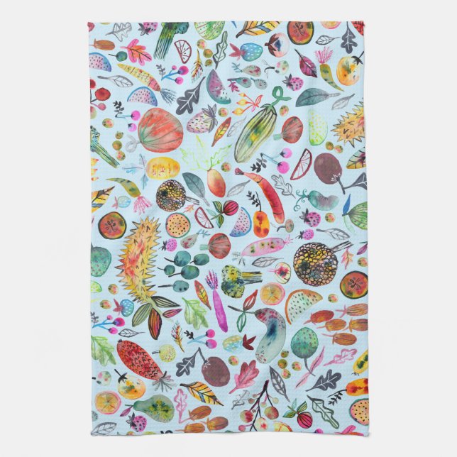 Colourful Whimsical Watercolor Fruits Veggies Blue Kitchen Towel (Vertical)