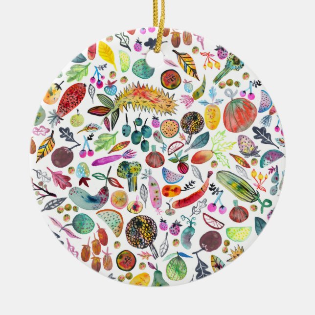 Colourful Whimsical Watercolor Fruits Veggies Ceramic Ornament (Front)