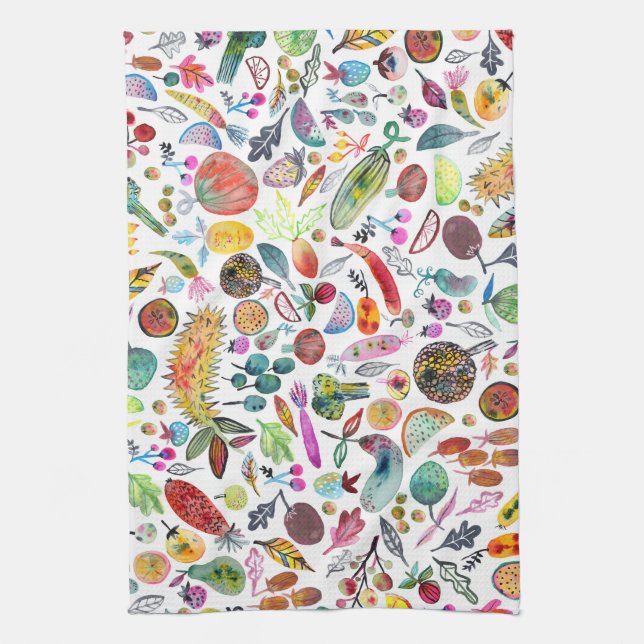 Colourful Whimsical Watercolor Fruits Veggies Kitchen Towel (Vertical)