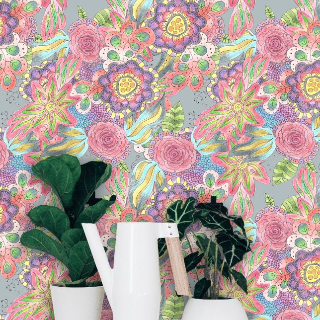 Colourful Whimsy Boho Chic Hand-Drawn Florals Wallpaper (Creator Uploaded)