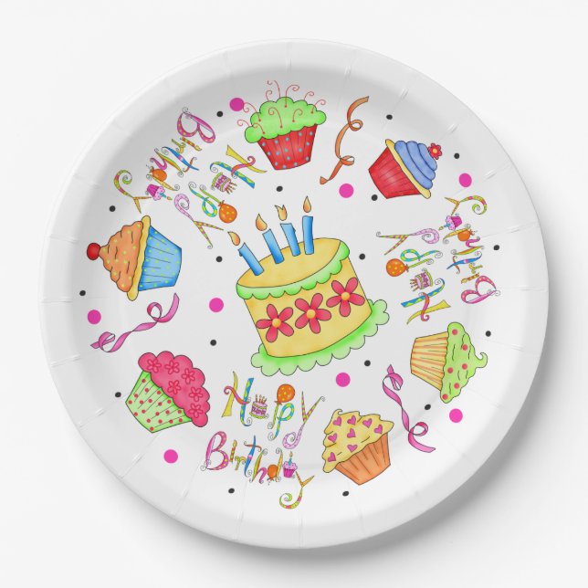 Colourful White Cupcakes and Cake Happy Birthday Paper Plate (Front)