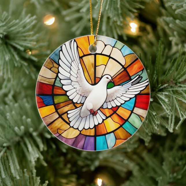 Colourful White Dove Stained Glass Bird Ceramic Ornament (Tree)
