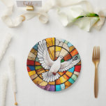 Colourful White Dove Stained Glass Bird Paper Plate<br><div class="desc">white dove stained glass, colourful bird in flight, multicolored stain glass art, multicolor holy ghost spirit, sacrament of confirmation, religious catholic christian symbol, peaceful peace sign, christianity church window circle, pentecost, sacred biblical bible iconography</div>