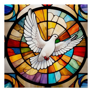 Colourful White Dove Stained Glass Bird Poster