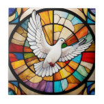 Colourful White Dove Stained Glass Bird Tile<br><div class="desc">white dove stained glass, colourful bird in flight, multicolored stain glass art, multicolor holy ghost spirit, sacrament of confirmation, religious catholic christian symbol, peaceful peace sign, christianity church window circle, pentecost, sacred biblical bible iconography</div>