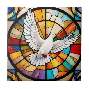 Colourful White Dove Stained Glass Bird Tile