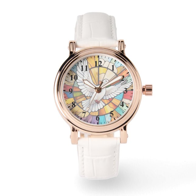 Colourful White Dove Stained Glass Bird Watch (Front)