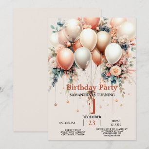 Colourful White Peach Floral Balloon Birthday Part Invitation