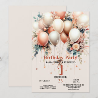 Colourful White Peach Floral Balloon Birthday Part Invitation