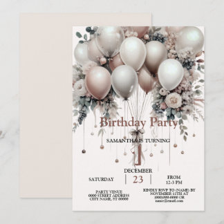 Colourful White Peach Floral Balloons Elegant Part Invitation