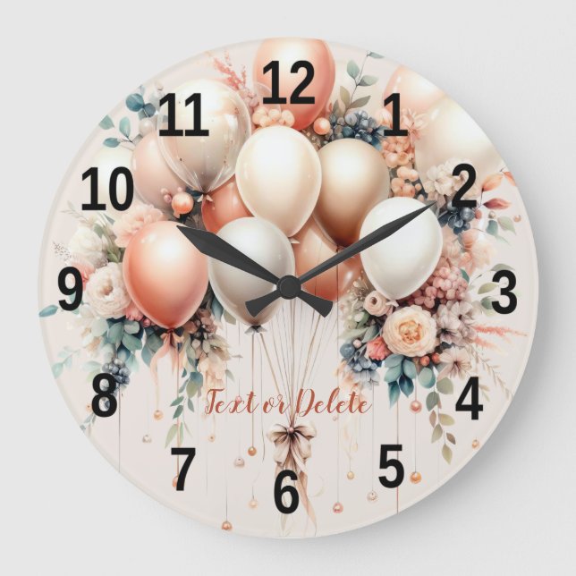 Colourful White Peach Floral Balloons Elegant Part Large Clock (Front)