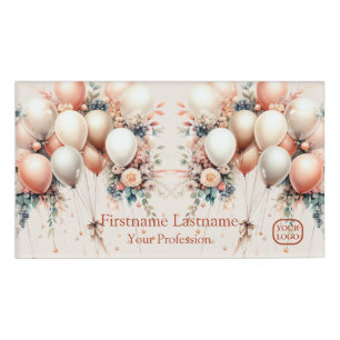 Colourful White Peach Floral Balloons Elegant Part Name Tag