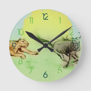 Colourful Wild Animals Chase Drawing, Round Clock