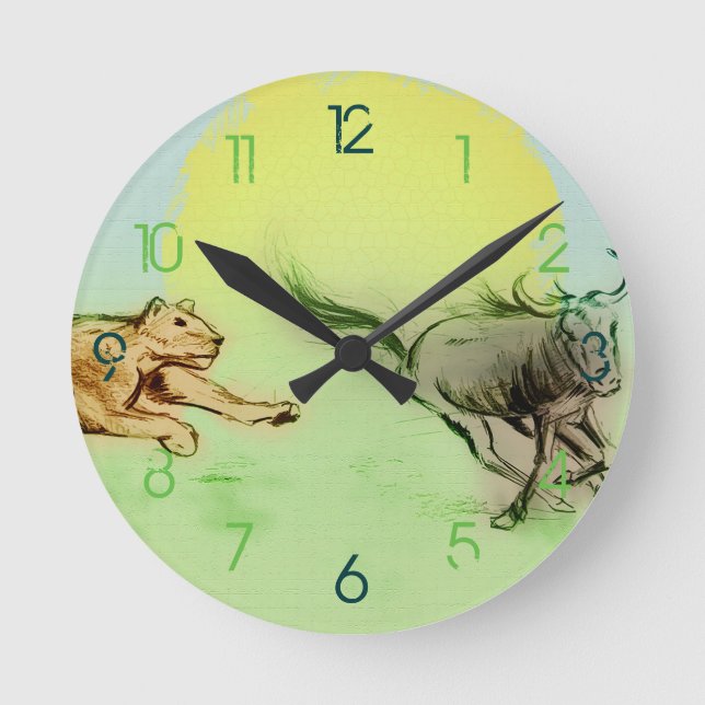 Colourful Wild Animals Chase Drawing, Round Clock (Front)