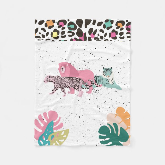 Colourful Wild Animals & Tropical Leaves Fleece Blanket (Front)