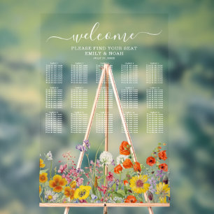 Colourful Wild Flower Country Wedding Seating Char Acrylic Sign