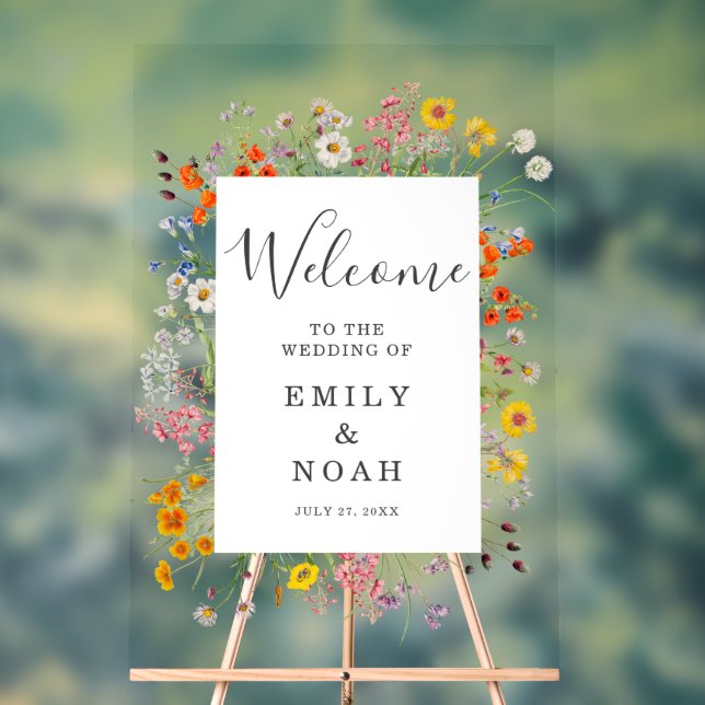 Colourful Wild Flower Country Wedding Welcome Acrylic Sign (Neutral)