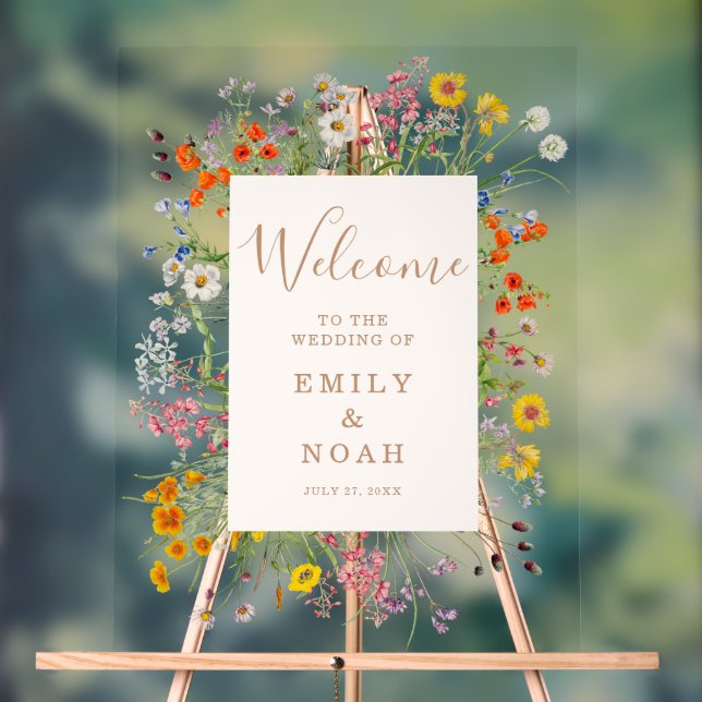 Colourful Wild Flower Country Wedding Welcome Acrylic Sign (Neutral)
