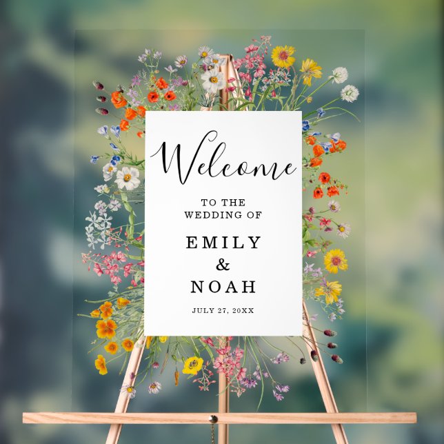 Colourful Wild Flower Country Wedding Welcome Acrylic Sign (Neutral)