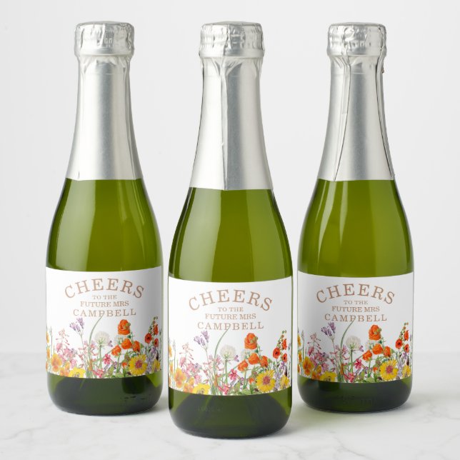 Colourful Wild Flowers Country Future Mrs Floral Sparkling Wine Label (Bottles)