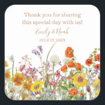 Colourful Wild Flowers Country Wedding Square Sticker<br><div class="desc">Colourful Wild Flowers Country Wedding Stickers features pretty country flowers in orange,  yellow,  purple and pink on a white background with your accommodation information above. Personalize by editing the text in the text boxes. Designed for you by Evco Studio www.zazzle.com/store/evcostudio</div>