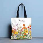 Colourful Wild Flowers Pretty Girly Personalized Tote Bag<br><div class="desc">This chic and stylish design features pretty colourful wild flowers with your custom personalized name on a white background.</div>