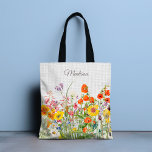 Colourful Wild Flowers Pretty Girly Personalized Tote Bag<br><div class="desc">This chic and stylish design features pretty colourful wild flowers with your personalized name on a white linen background.</div>