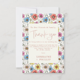 Colourful wild flowers seamless pattern wedding thank you card