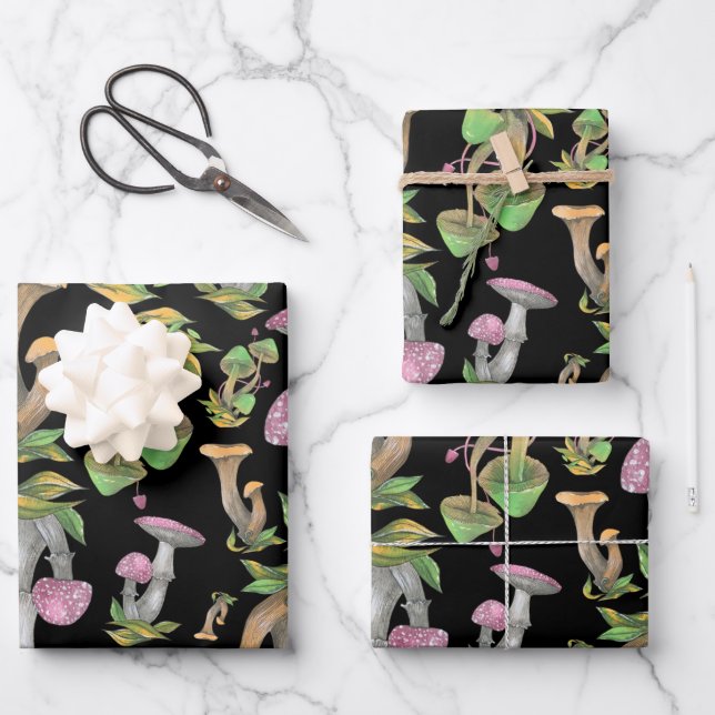 Colourful Wild Forest Mushrooms Black Wrapping Paper Sheet (Front)