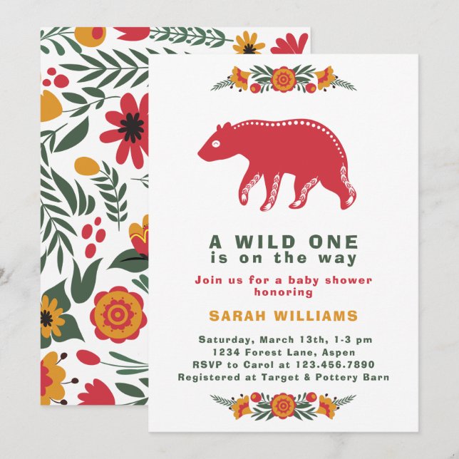 Colourful Wild One Folk Art Bear Boy Baby Shower Invitation (Front/Back)