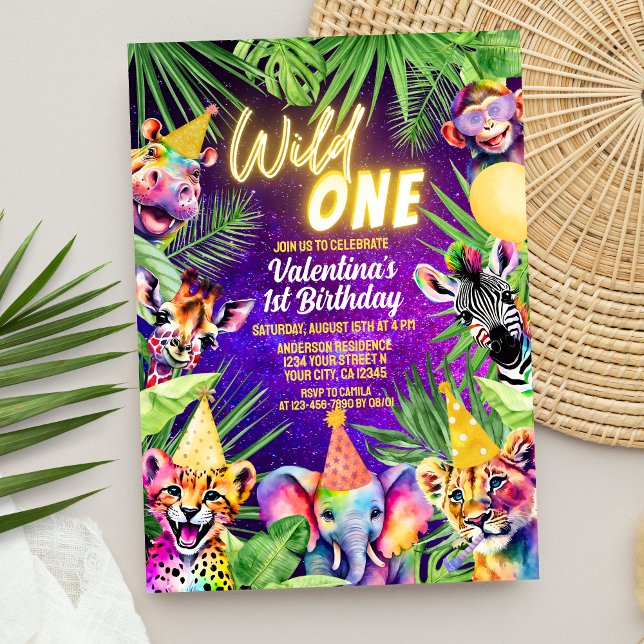 Colourful Wild One Safari Animals 1st Birthday  Invitation (Creator Uploaded)