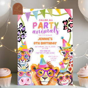  Colourful Wild One Safari Animals Birthday Invitation