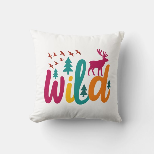  Colourful Wild Print with Forest and Deer Graphic Throw Pillow (Front)