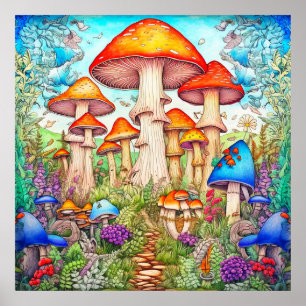Colourful Wild Psychedelic Mushroom Forest Poster