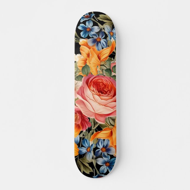 Colourful Wild Rose Floral Pattern Skateboard  (Front)