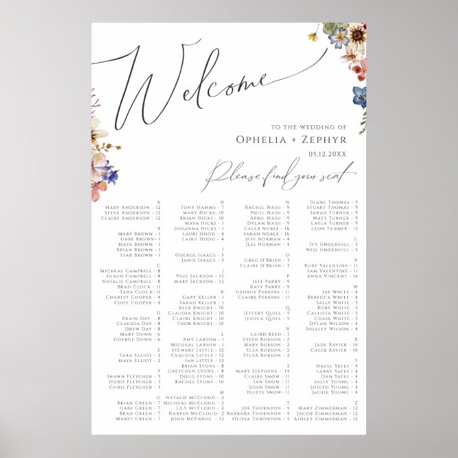 Colourful Wildflower | Alphabetical Seating Chart (Front)