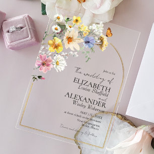 Colourful Wildflower Arch Gold Frame   Boho Weddin Acrylic Invitations