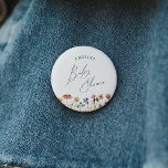 Colourful Wildflower Baby Shower 2 Inch Round Button<br><div class="desc">This colourful wildflower baby shower button is perfect for your simple, whimsical, boho rainbow summer baby shower. The bright, enchanted pink, yellow, orange, and gold colour florals give this product the feel of a minimalist, elegant, vintage hippie spring garden. The modern design is artsy and delicate, portraying a classic earthy...</div>